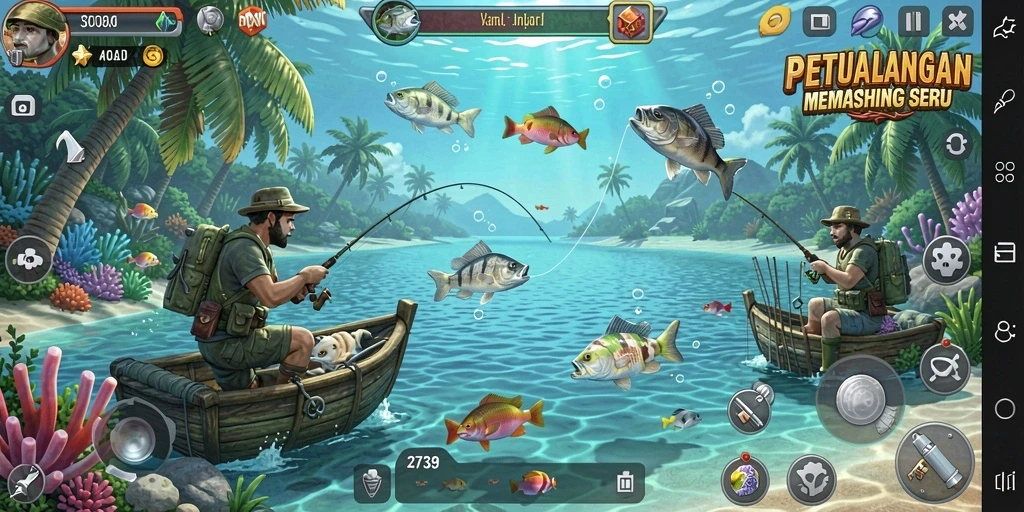 Screenshot menampilkan gameplay memancing yang seru dan realistis.