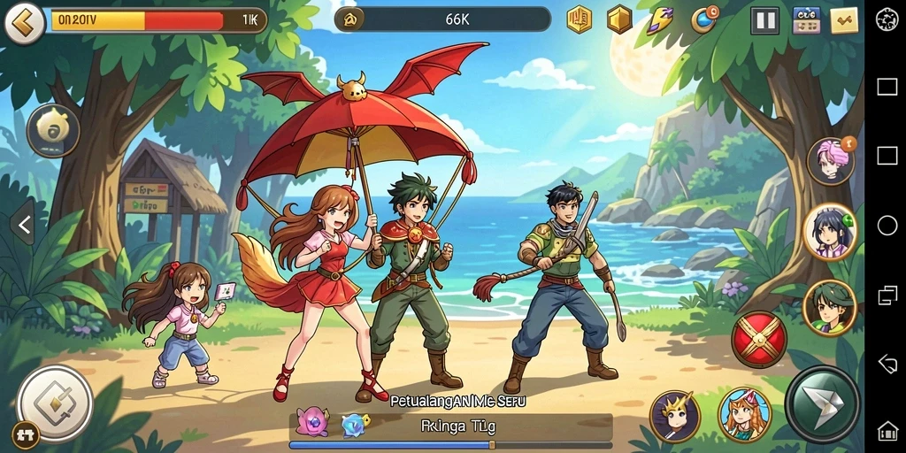 Tampilan screenshot utama 66K menampilkan karakter anime dengan latar belakang yang menakjubkan.