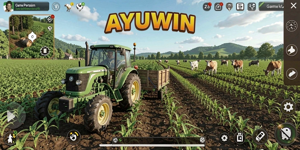 Tampilan menarik dari gameplay AYUWIN dengan berbagai tanaman warna-warni.