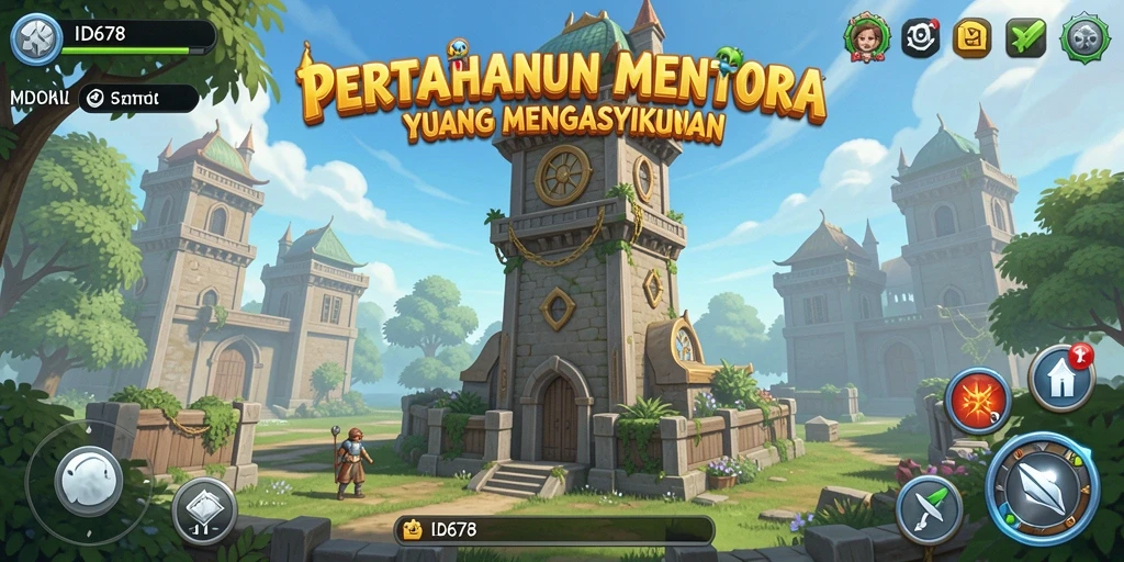 Screenshot gameplay menunjukkan menara yang strategi di medan pertempuran.