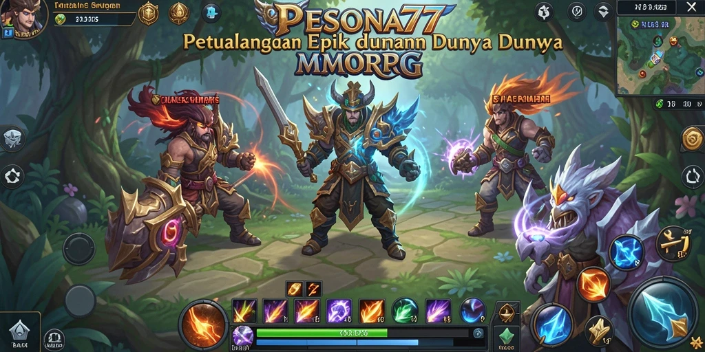 Screenshot utama PESONA77 menampilkan pertempuran epik di dunia fantasi.