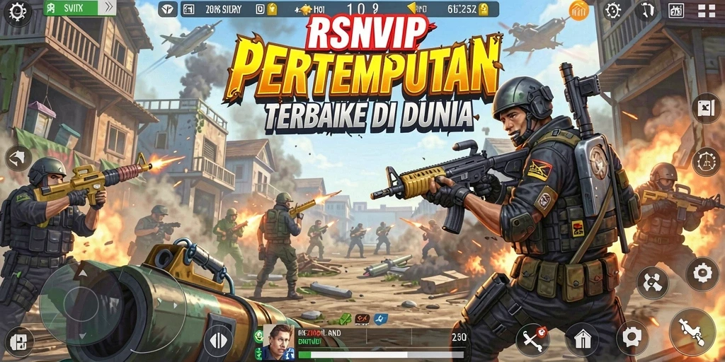 Screenshot utama RSNVIP menampilkan aksi pertempuran seru Battle Royale.