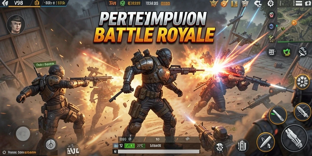 Gameplay seru dalam V98 dengan pertarungan Battle Royale yang menegangkan.